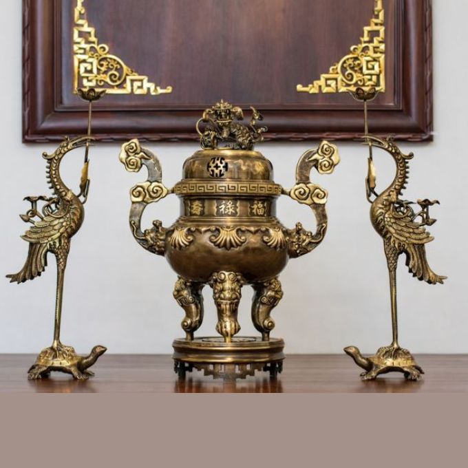 Bộ tam sự đỉnh hạc bằng đồng hoa sòi | Đầy đủ kích thước