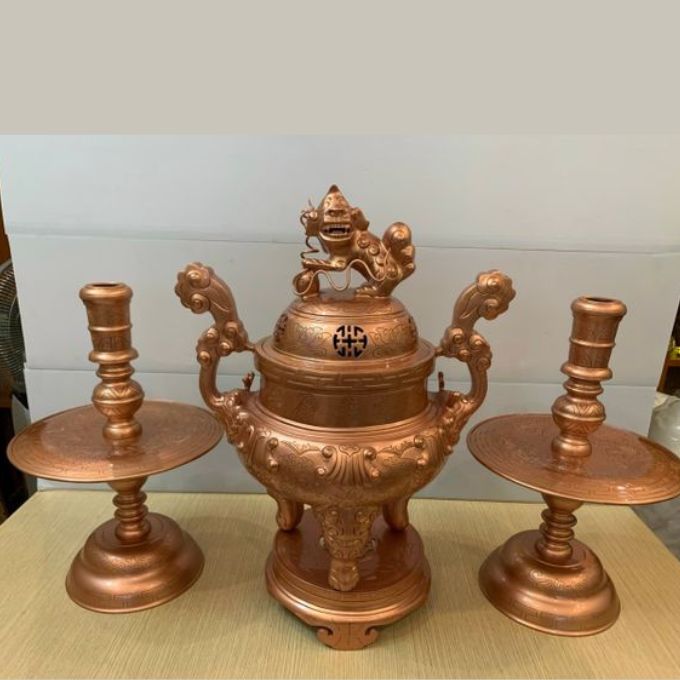 Bộ tam sự nến bằng đồng đỏ cao cấp | Bộ đỉnh cao 50cm