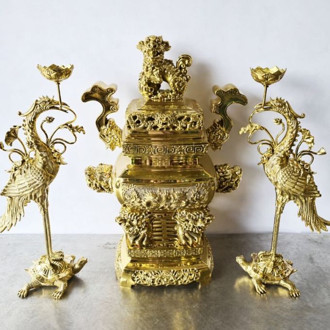 Bộ tam sự vuông bằng đồng vàng – Đỉnh hạc | Cao 61cm