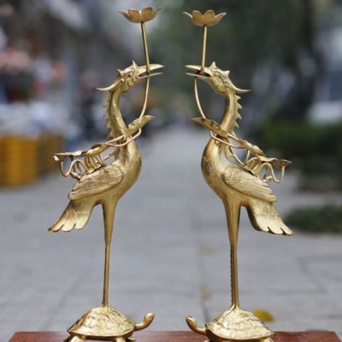 Đôi hạc thờ đồng vàng đúc thủ công | Cao 68cm 