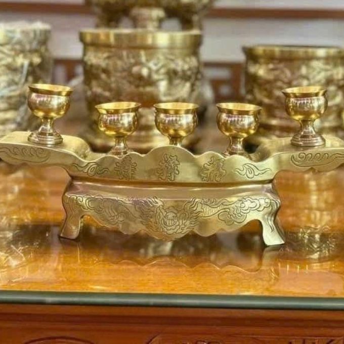 Ngai chén đồng vàng thủ công | Bộ 5 chén chuẩn phong thuỷ