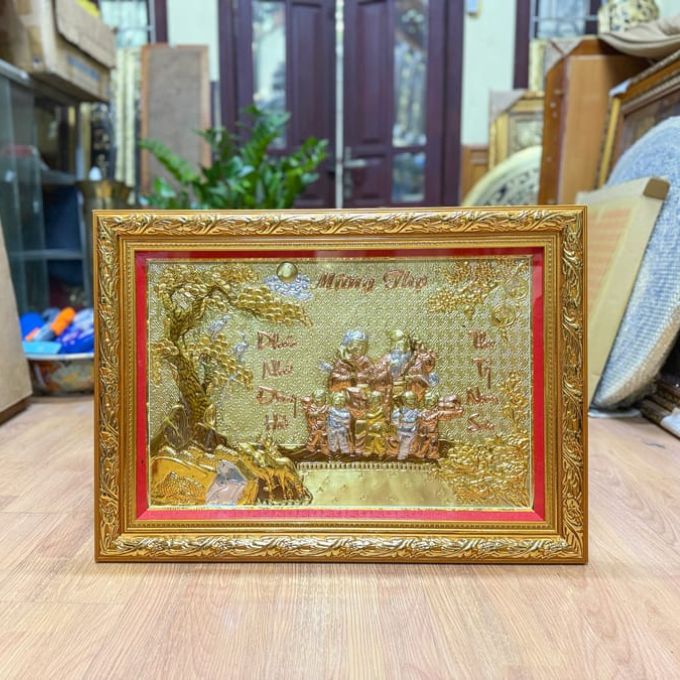 Tranh mừng thọ ông bà khảm vàng bạc | Chạm tay thủ công