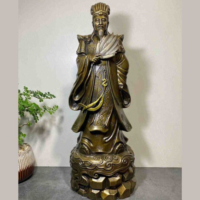 Tượng Gia Cát Lượng Cầm Quạt đồng thau – Cao 58 Ngang 23 (cm)