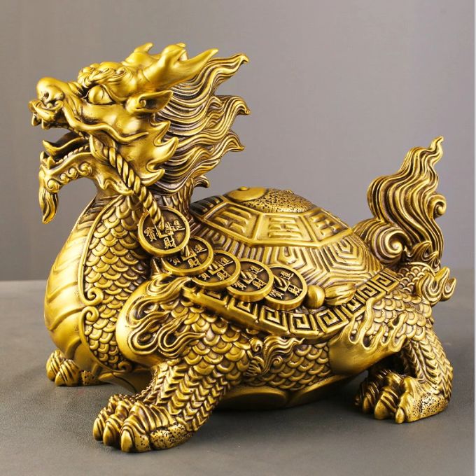 Tượng Long Quy đồng vàng đúc liền khối | Kích thươc 13x15cm