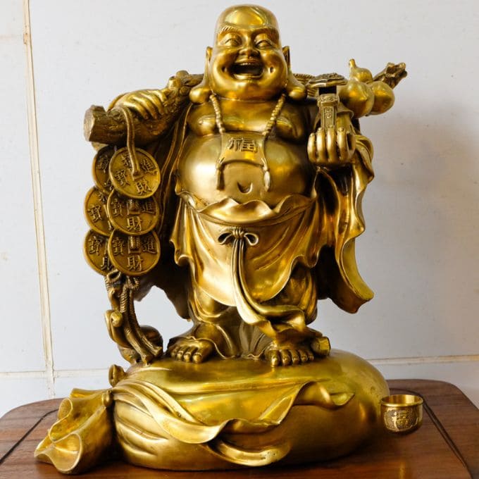Tượng Di Lạc Gánh Dây Tiền Bằng Đồng Vàng Cao 50cm